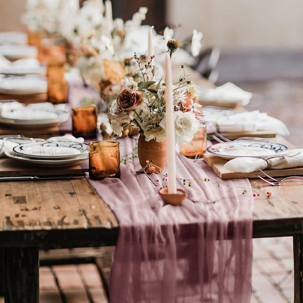 Hahuho Dusty Pink Cheesecloth Table Runner 10ft, Gauze Boho Rustic Table Runners for Wedding
