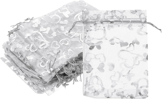 PATIKIL 100 Pcs 4x6 Inch Heart Printed Organza Bags, Silver Sheer Heart Organza Bags with