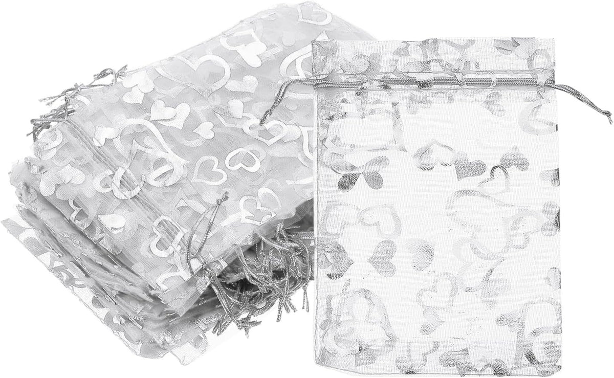 PATIKIL 50 Pcs 4x6 Inch Heart Printed Organza Bags, Silver Sheer Heart Organza Bags with Drawstring