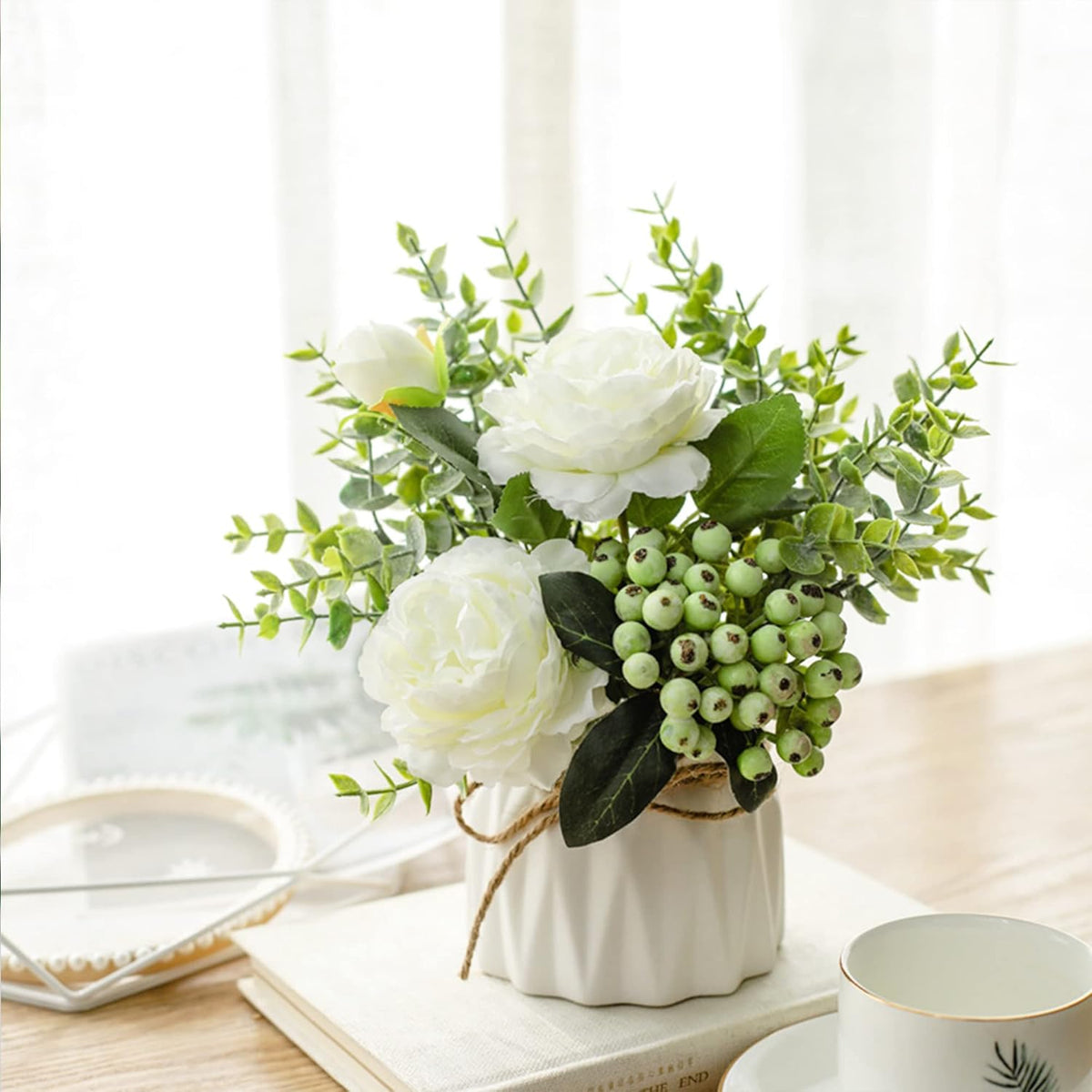 BLOSMON Table Decor Artificial Flowers Vase 7 Inch Small Fake Flower White Arrangement 2pcs Floral
