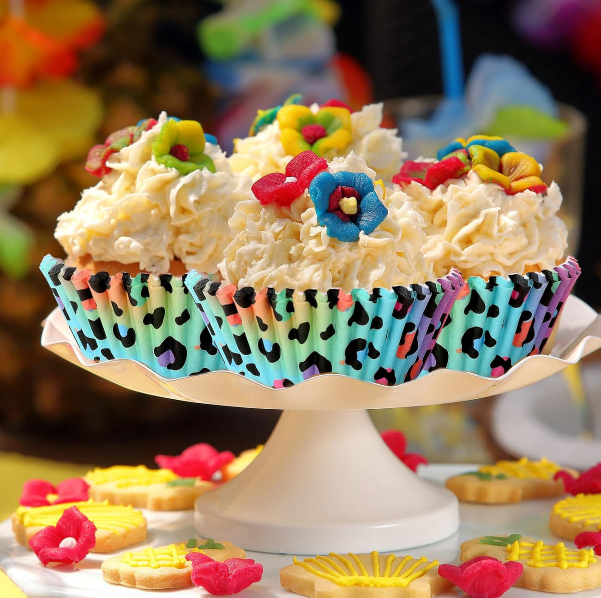 Whaline 300Pcs Leopard Print Cupcake Liner Neon Animal Spot Paper Baking Cup Rainbow Muffin Liner