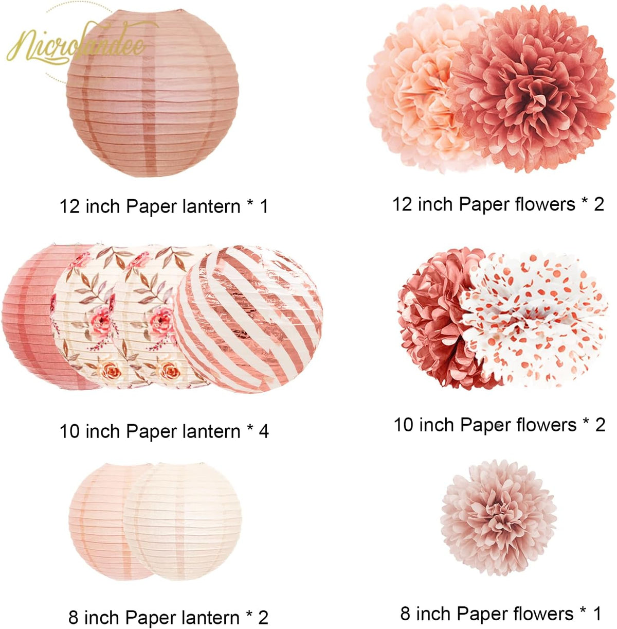 NICROLANDEE Wedding Party Decorations, 12 PCS Rose Pink Floral Paper Lanterns Tissue Pom Poms
