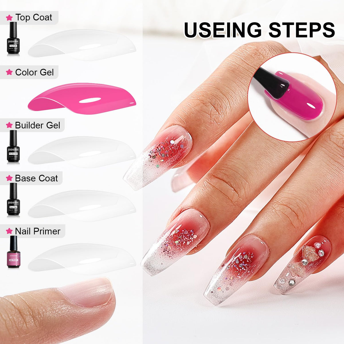 JODSONE 4 Bottles of 15ML Nail Primer Base Coat Top Coat and Builder Gel Which Helps Better Fit the