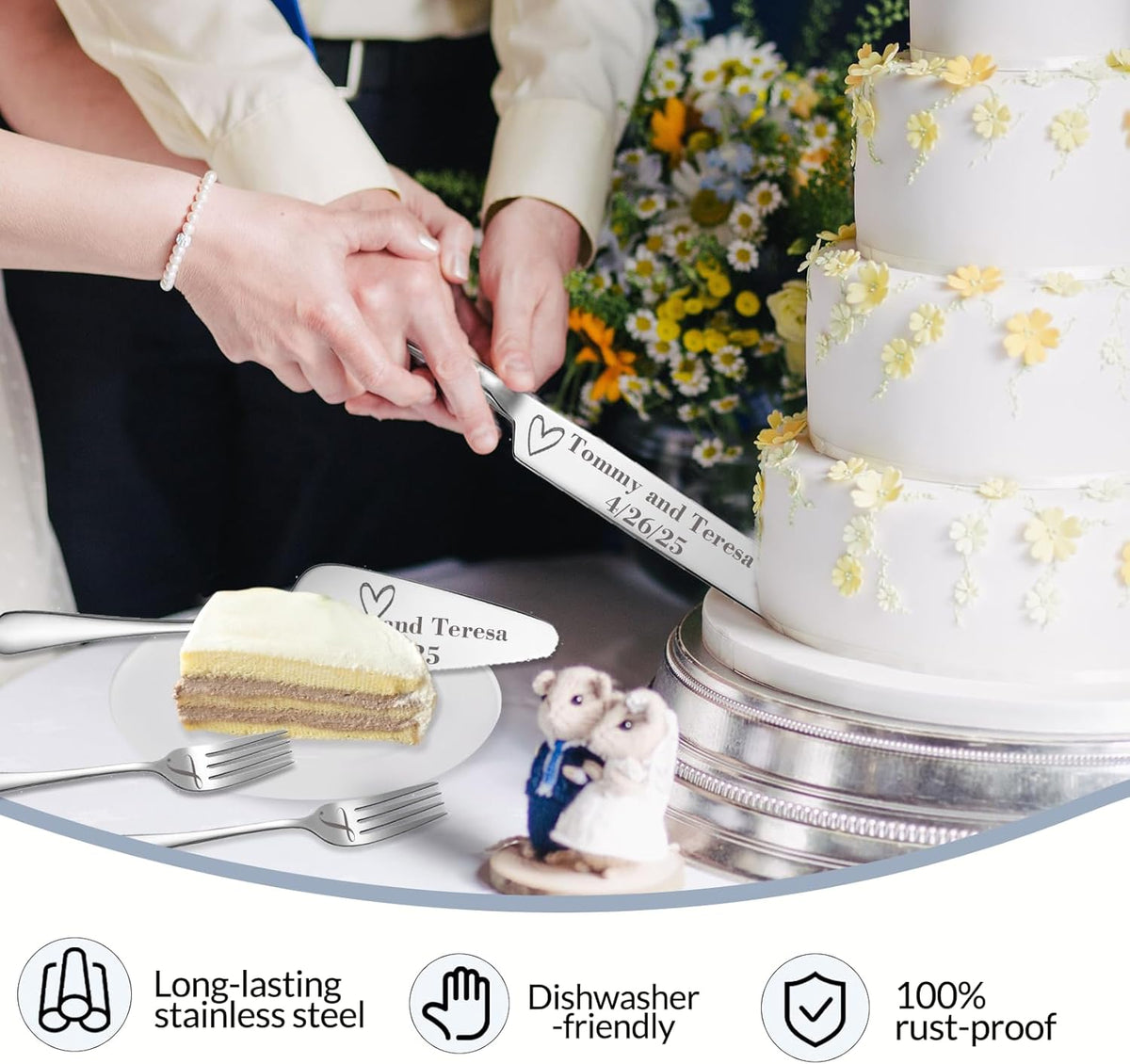 Personalized Wedding Cake Knife and Server Set, Custom Names Cake Cutting Set with Stainless Steel