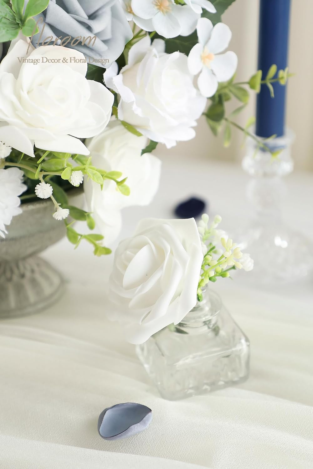 Floroom Powder Blue Ivory Artificial Flowers Fake Roses Dahlias and Greenery Combo Box Set for DIY
