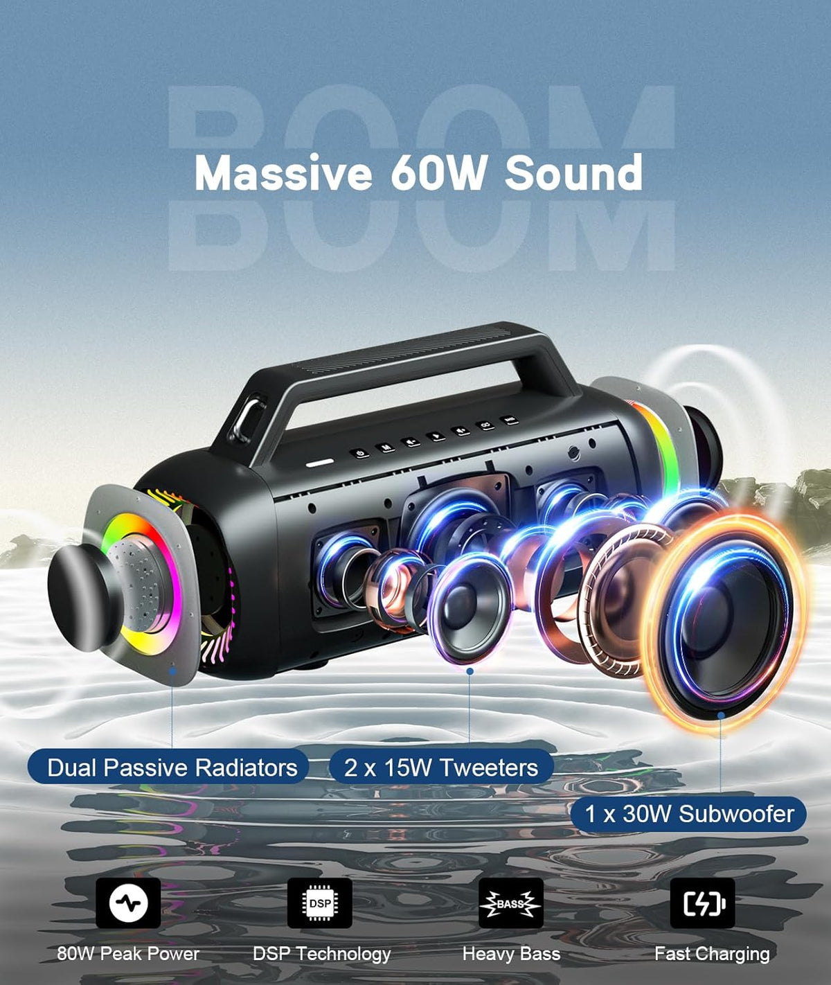 Ortizan Portable Bluetooth Speaker Loud, 80W Peak, Bass Up, 20H Playtime, IPX7 Waterproof, RGB