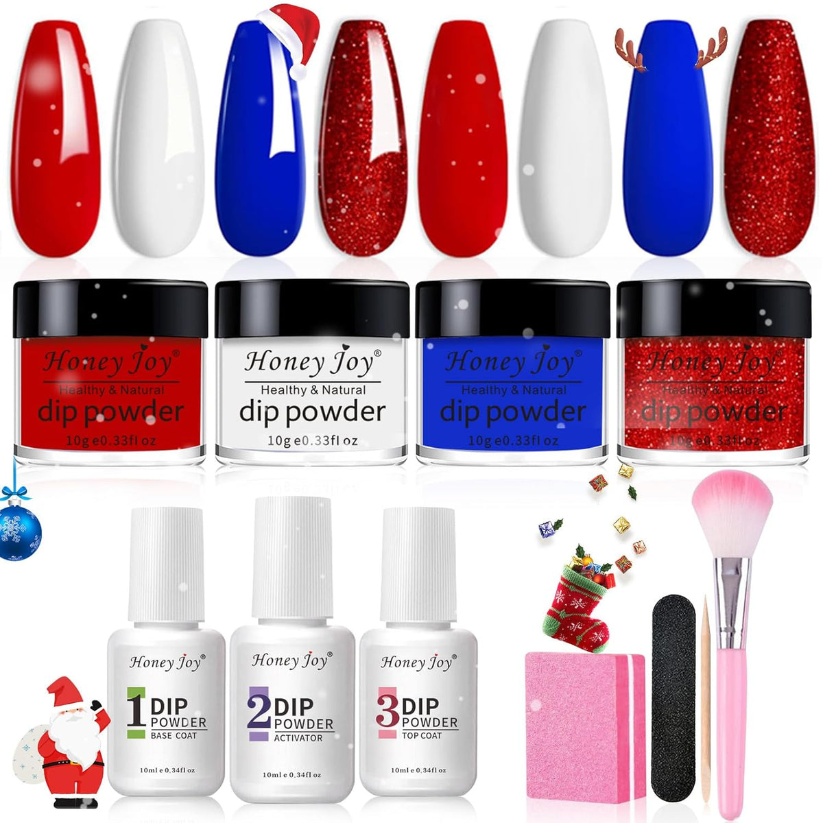 Honey Joy Dip Powder Nail Kit Starter,4 Colors Red White and Blue Nails Fourth of July Firework