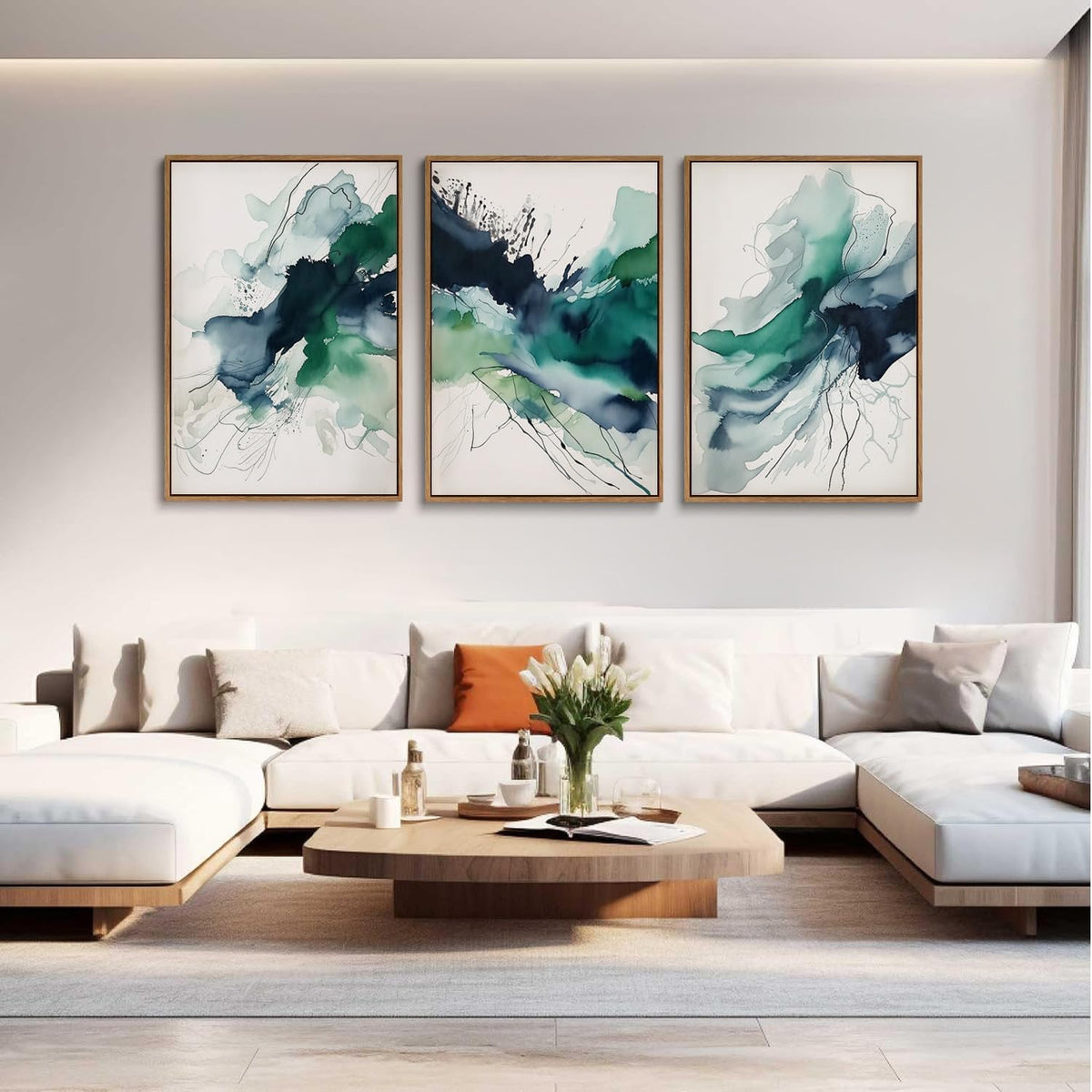 myusuar 3 Piece Large Abstract Framed Wall Art For Living Room, Smoke Texture Ink Emerald Green