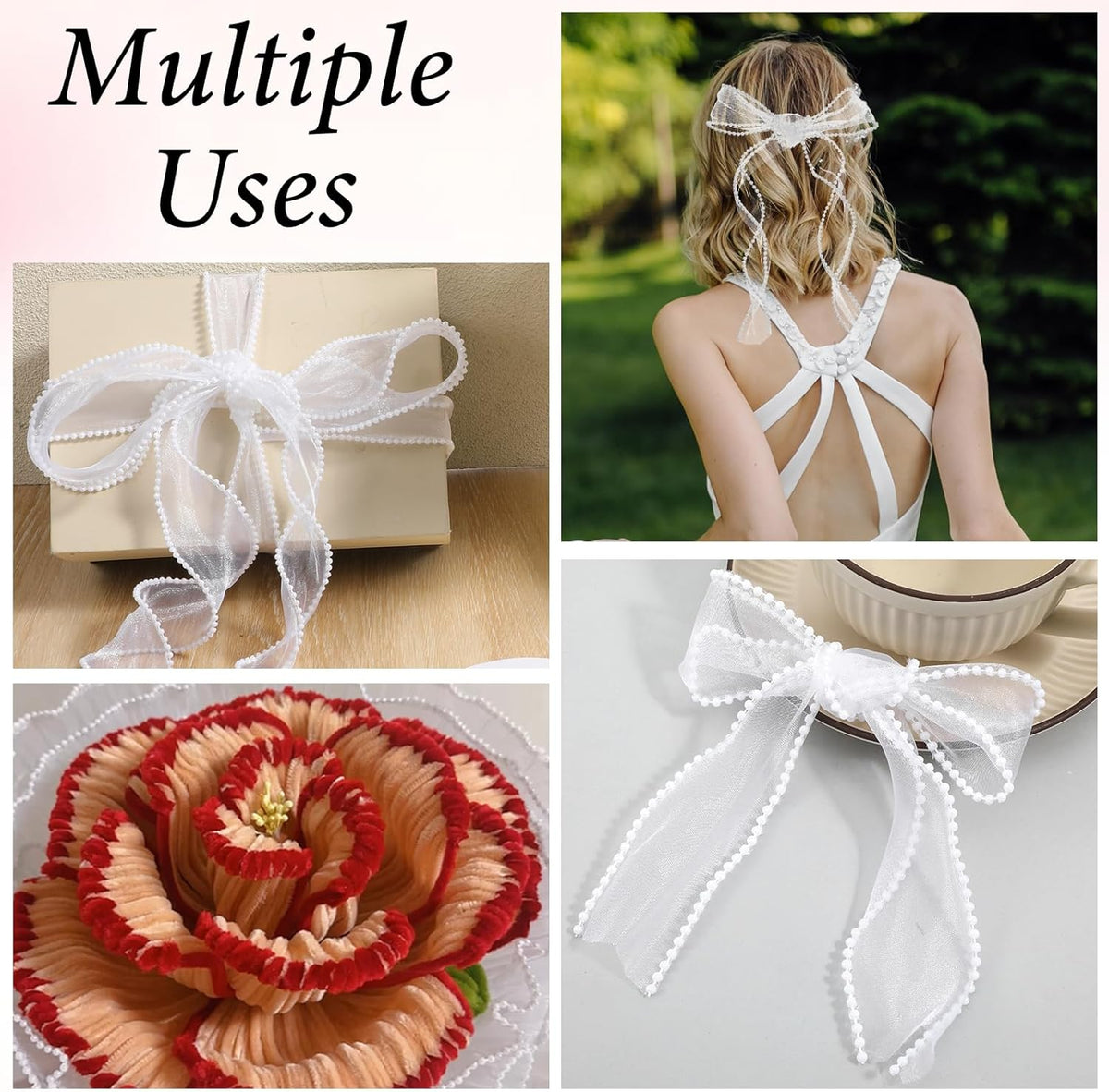 1.5 Inch Faux Pearl Ribbon, Smooth White Ribbon with Pearl Edges Wire, 4.5m Sheer Mesh Ribbons for