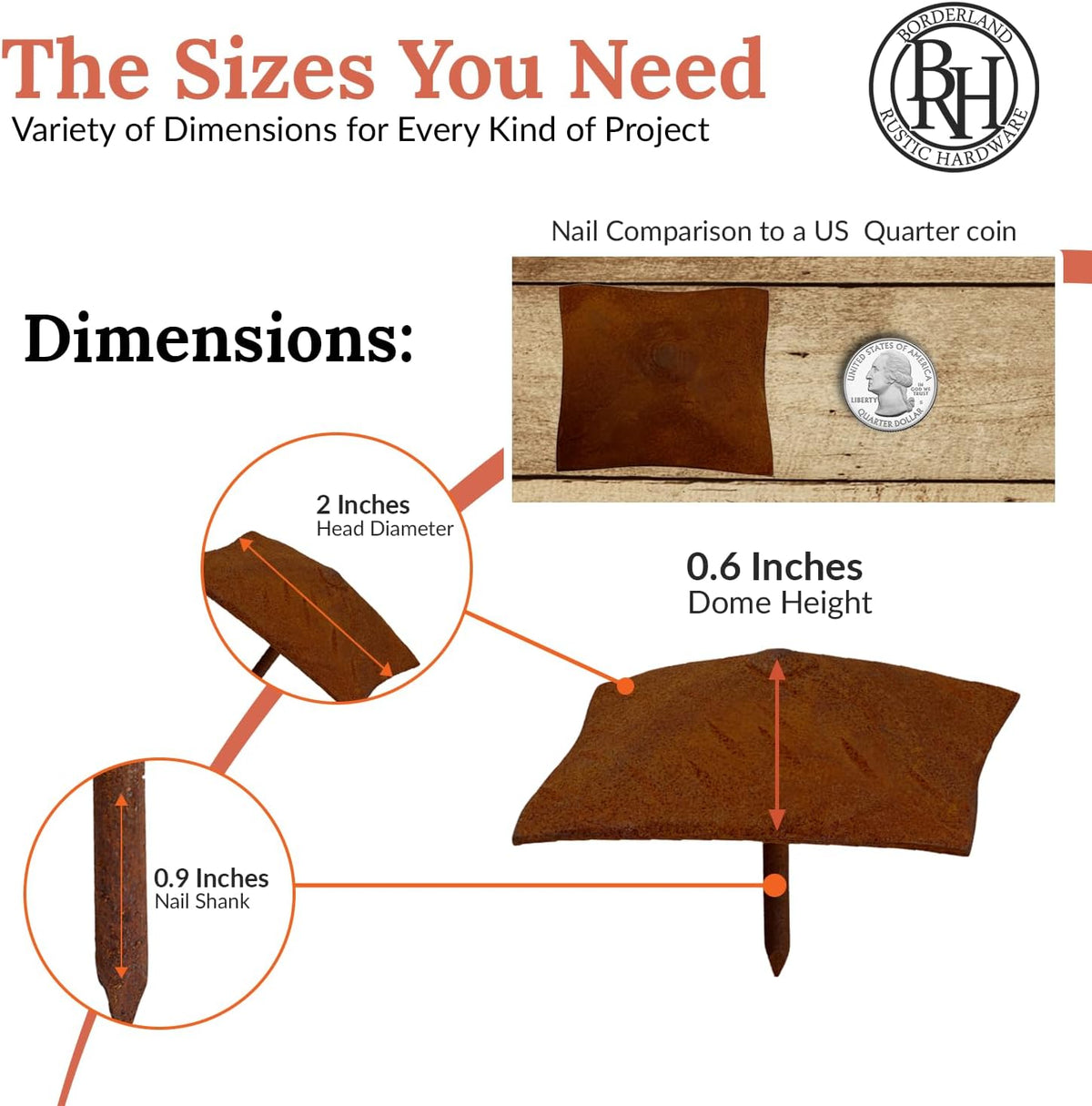 10 Pack 2" Square Head Iron Clavos Decorative Nails – Rusted – Handmade Rustic Square Fasteners for