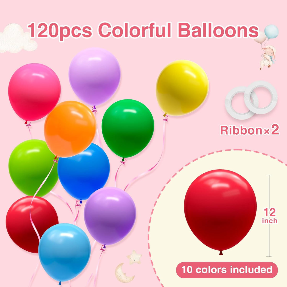 120pcs Rainbow Balloons 12 Inch Colorful Latex Balloon Garland Arch Kit for Birthday Baby Shower