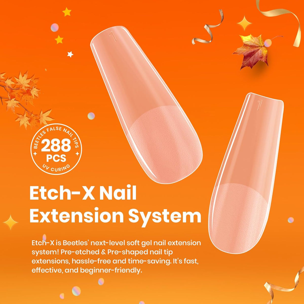 Beetles Gel Nail Tips Etch-X, Square Medium, 288Pcs 12 Sizes, Pre-Etched Half Matte Soft Acrylic