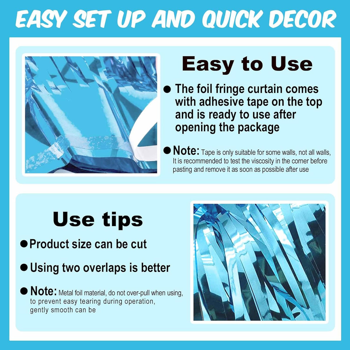 3 Pack Light Blue Foil Fringe Curtains Backdrop, 3.28 x 9.8 Ft Metallic Streamers Tinsel Curtains