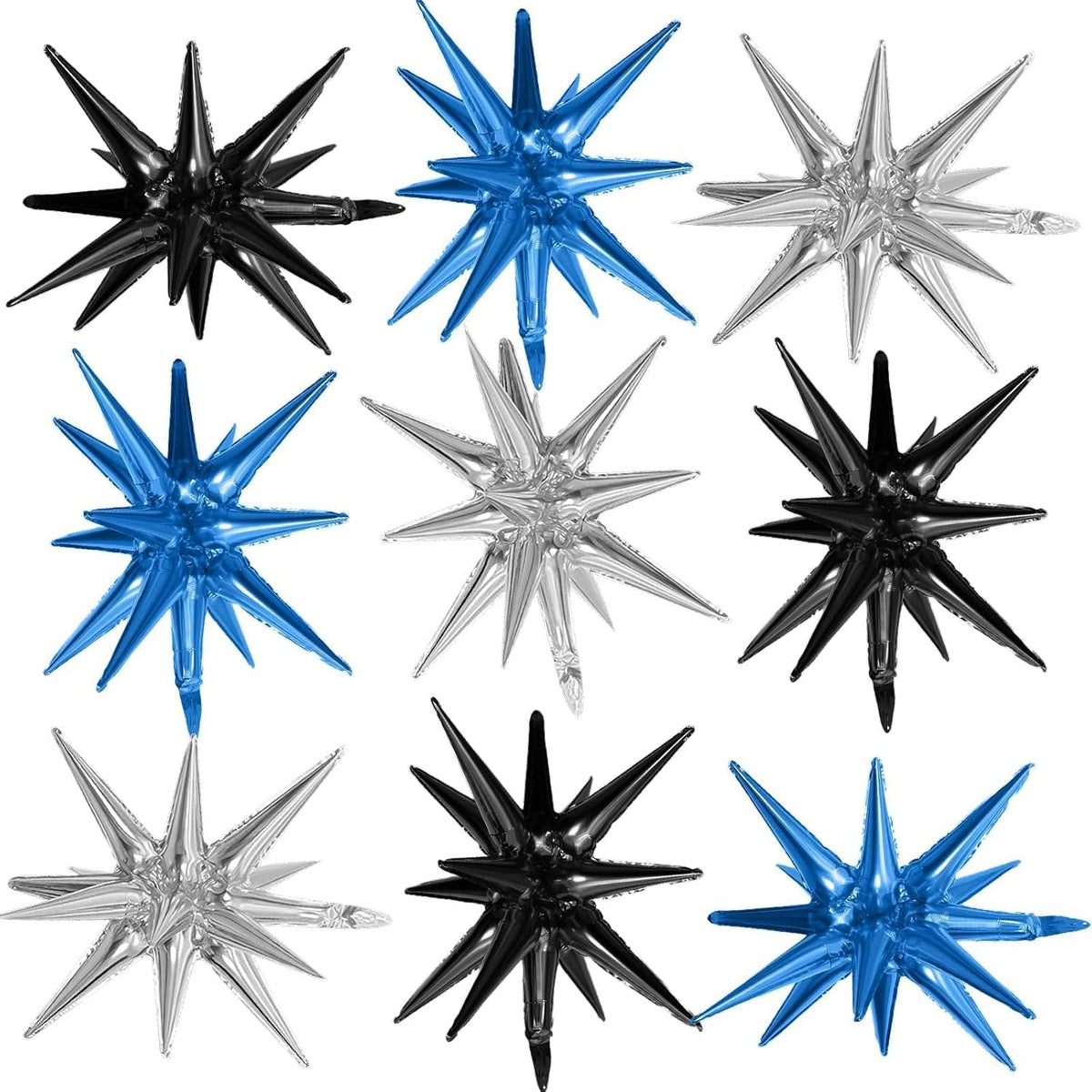Black Blue Silver Star Balloons,9Pcs 22Inch Black Blue Silver Explosion Spike Cone Helium Polyester