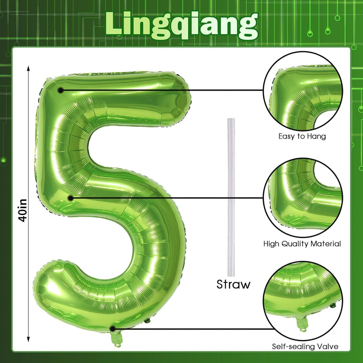 Green Number 5 Balloon for Girls Boys, 40 Inch Large Number 0-9 Foil Mylar Helium Digital Balloons