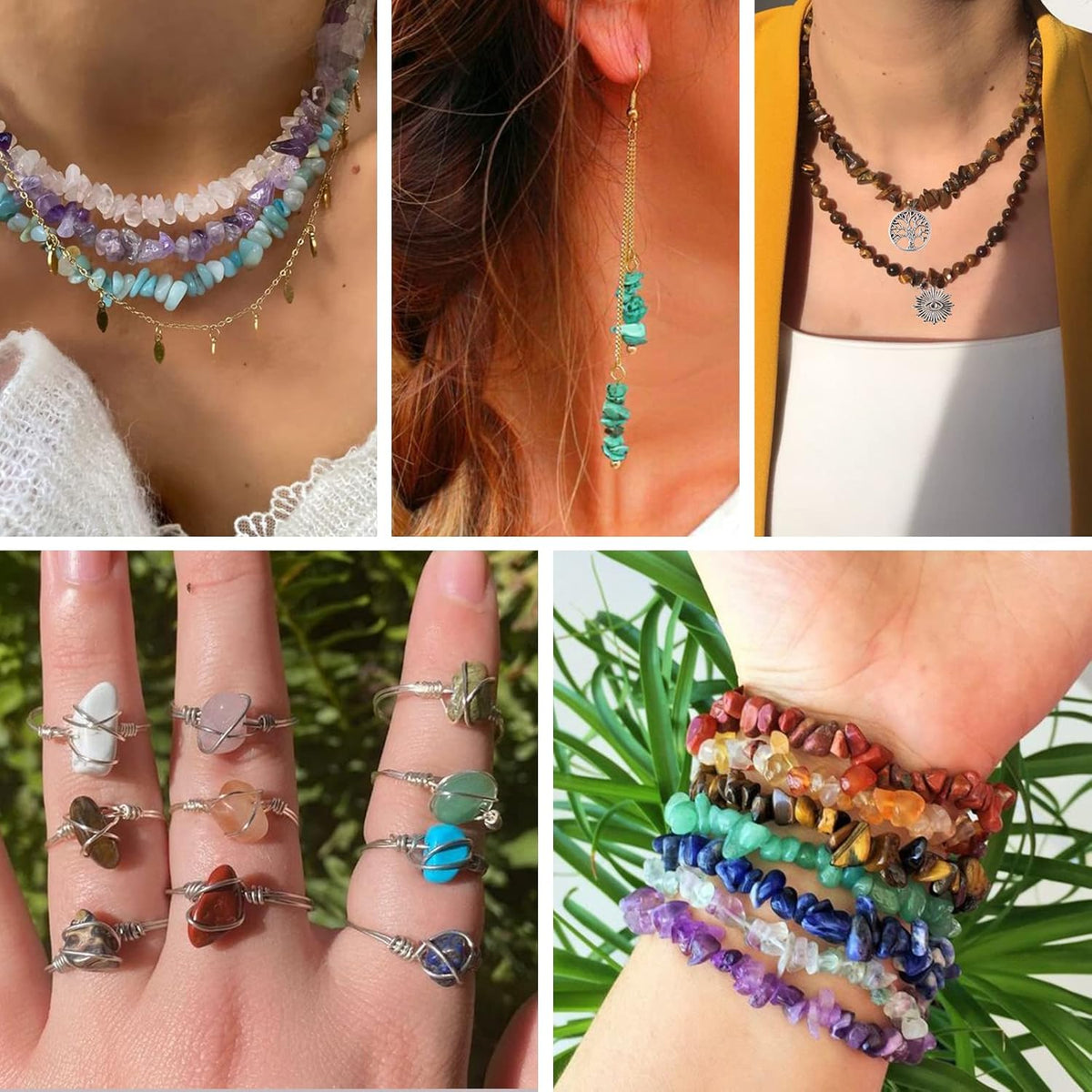 QUEFE 1800pcs 56 Colors Crystal Beads, Ring Making Kit, Gemstone Chip Beads Irregular Natural Stone