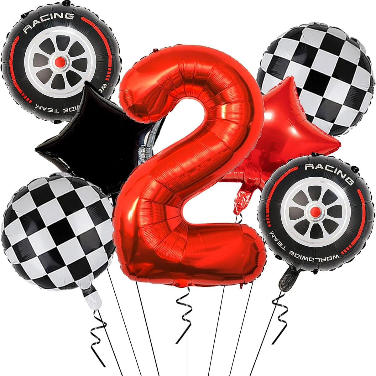 Race Car Birthday Decorations - 40 Inch Mylar Red Number 2 Balloons - Black Foil Checkered Race Car