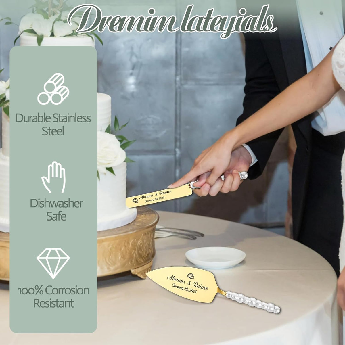 HJX Personalized Wedding Cake Knife and Server Set - Custom Name Engraved Cutting Set with Elegant