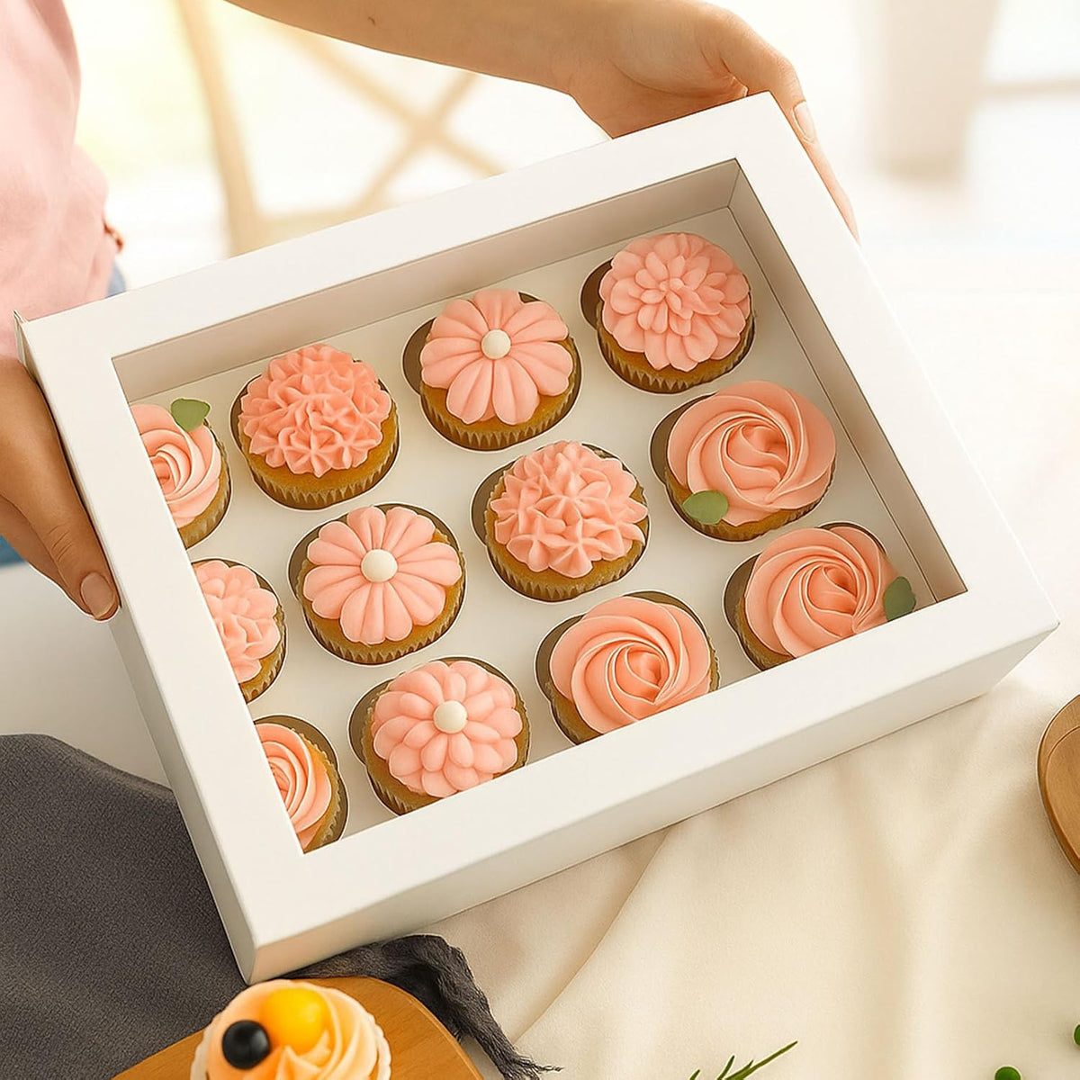 VGOODALL 12 Count Cupcake Boxes, 12PCS Cupcake Holder with Window White Pastry Boxes for Birthday