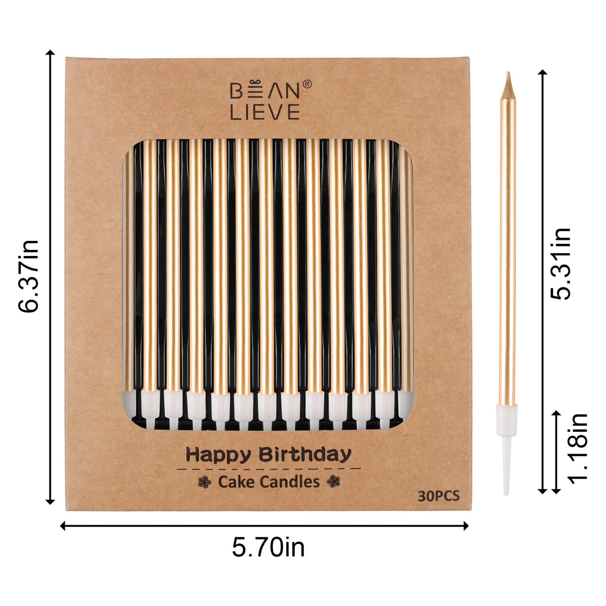 BEAN LIEVE 30-Count Champagne Gold Long Thin Metallic Birthday Candles, Cake Candles, Birthday
