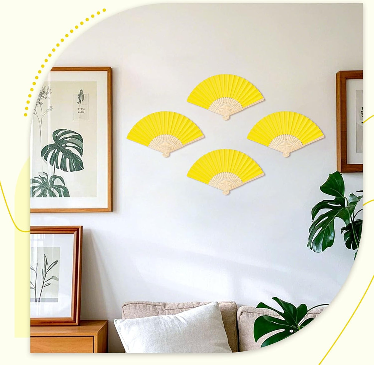 JOHOUSE 12 Pcs Paper Folding Hand Fans, 8.3 Inch Lemon Yellow Paper Fans Handheld Portable
