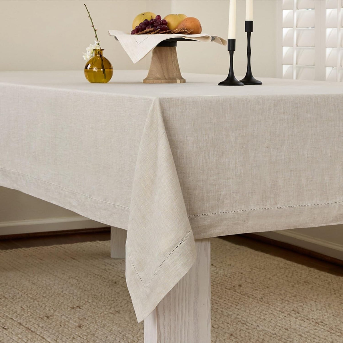 Solino Home Linen Light Natural Tablecloth 60 x 144 Inch - Classic Hemstitch, 100% Pure Linen