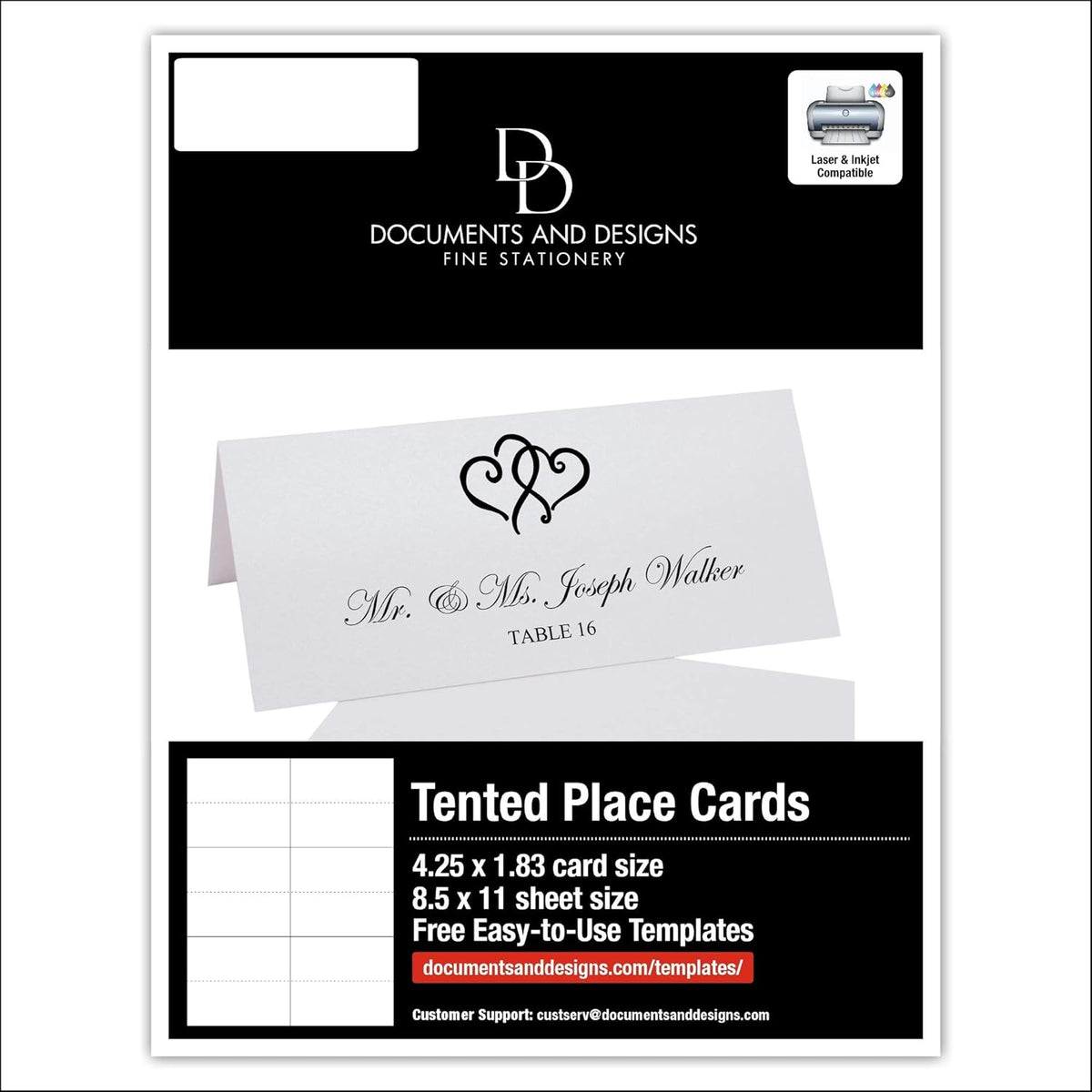Linked Hearts Printable Place Cards, Black (Choose Color), Set of 150 (25 Sheets), Laser & Inkjet