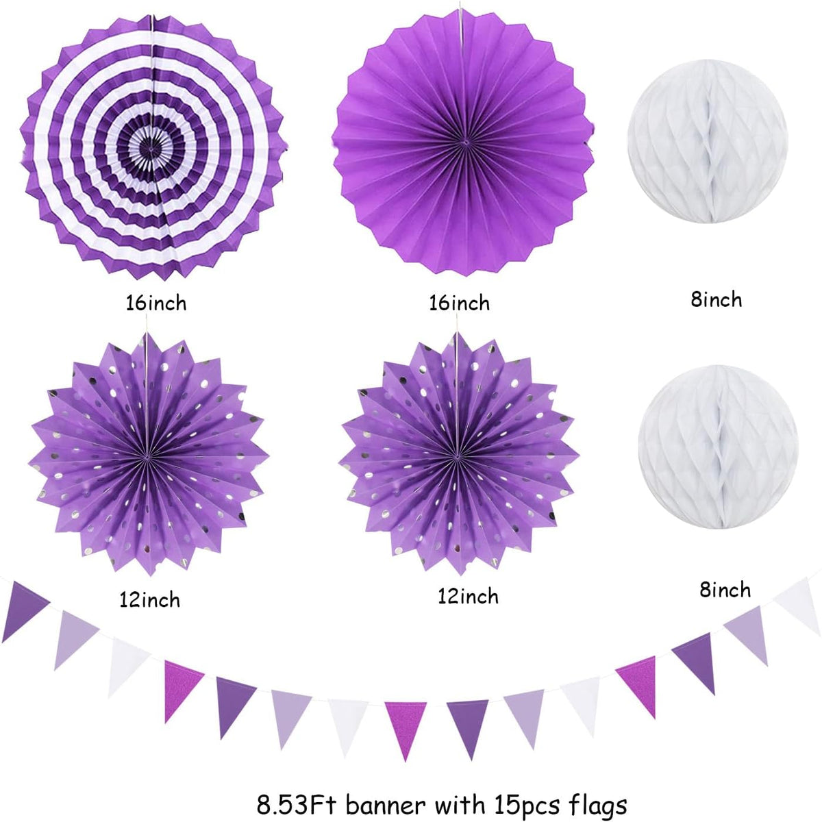 Lavender-Purple White Graduation Party Decorations - 20pcs Paper Lanterns Fans,Tissue Pom