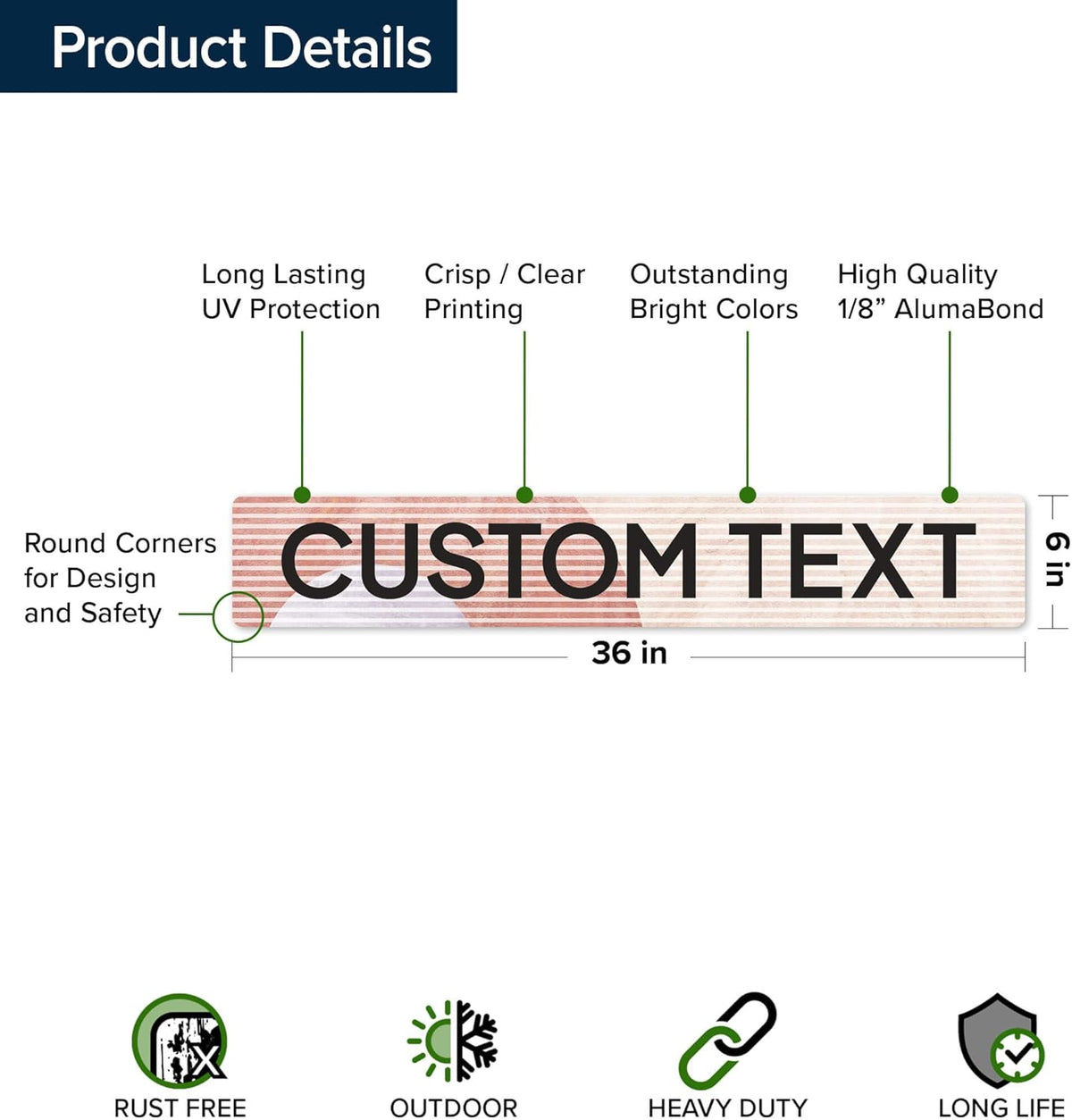 Custom Sign, Custom Street Sign, 11 Font Colors, 13 Font Styles, 4 Hole Options, 22 Sizes, 6x36