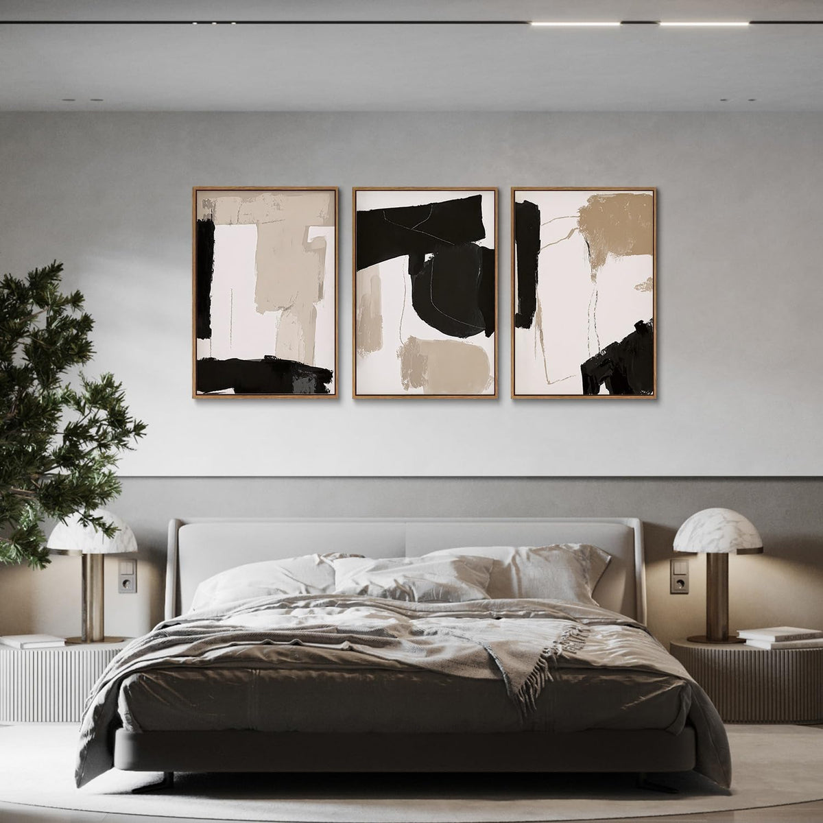 myusuar 3 Piece Large Modern Abstract Canvas Framed Wall Art For Living Room, Black And Beige
