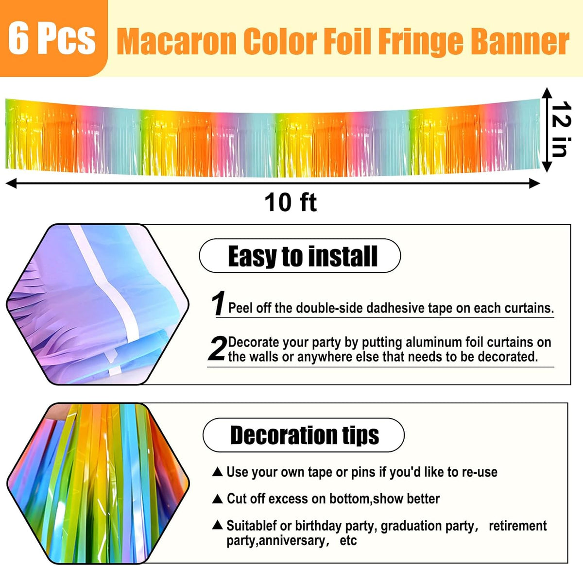 6 Pack 10 Feet Rainbow Foil Fringe Garland Metallic Tinsel Streamers Banner Wall Hanging Curtain