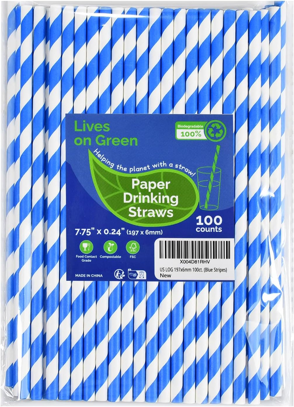Blue Stripes Disposable Paper Party Straws for Drinking 7.75 inch 100 Counts, Compostable - for