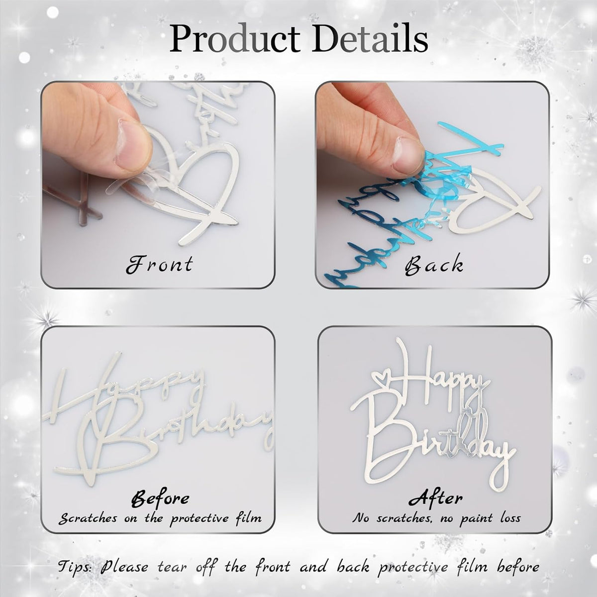 10 PCS Silver Happy Birthday Cake Topper Mirror Acrylic Cake Toppers Double-Sided Glitter Birthday
