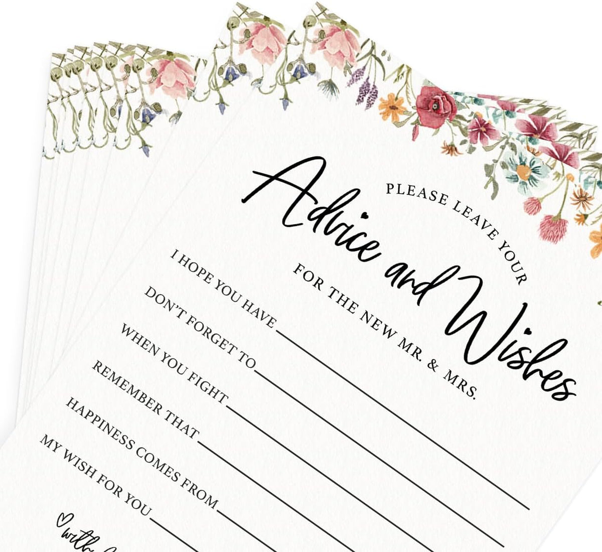 Printed Party Wedding Advice Cards – Wildflower Theme, Bridal Shower Games and Favors for Guests
