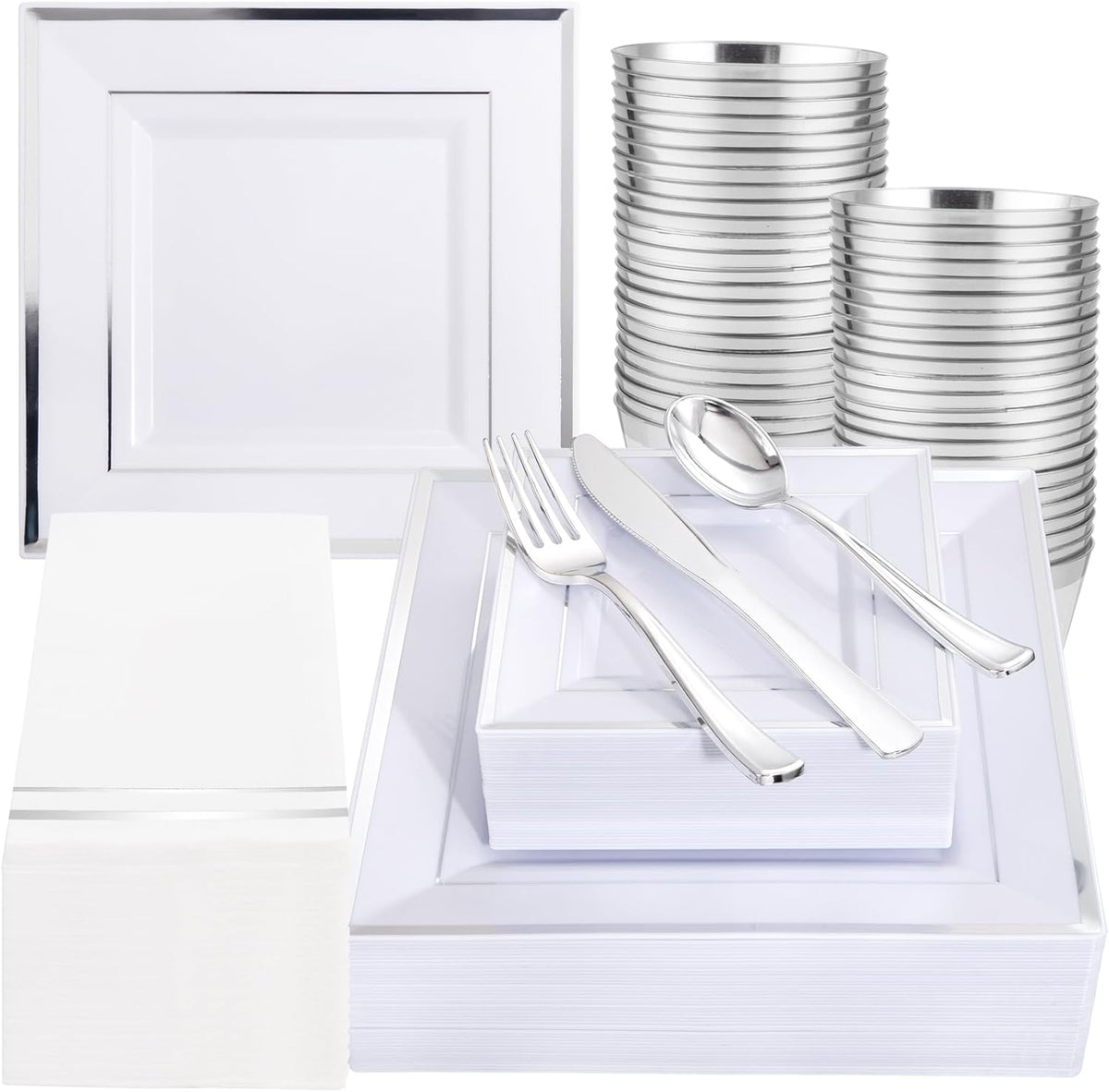 Festiva 350Pcs Silver Plates - Silver Square Plastic Plates 9 .5" and 6" - serve for 50 guests