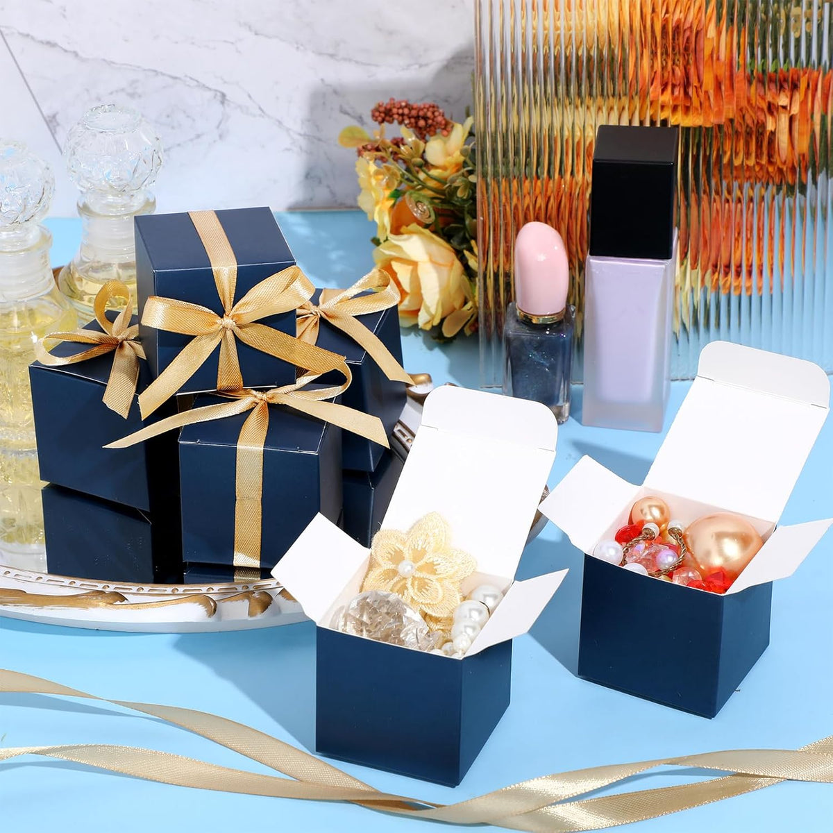 Jutom 100 Pcs Mini Favor Boxes Extra Small Candy Boxes Paper with Gold Ribbon for Christmas