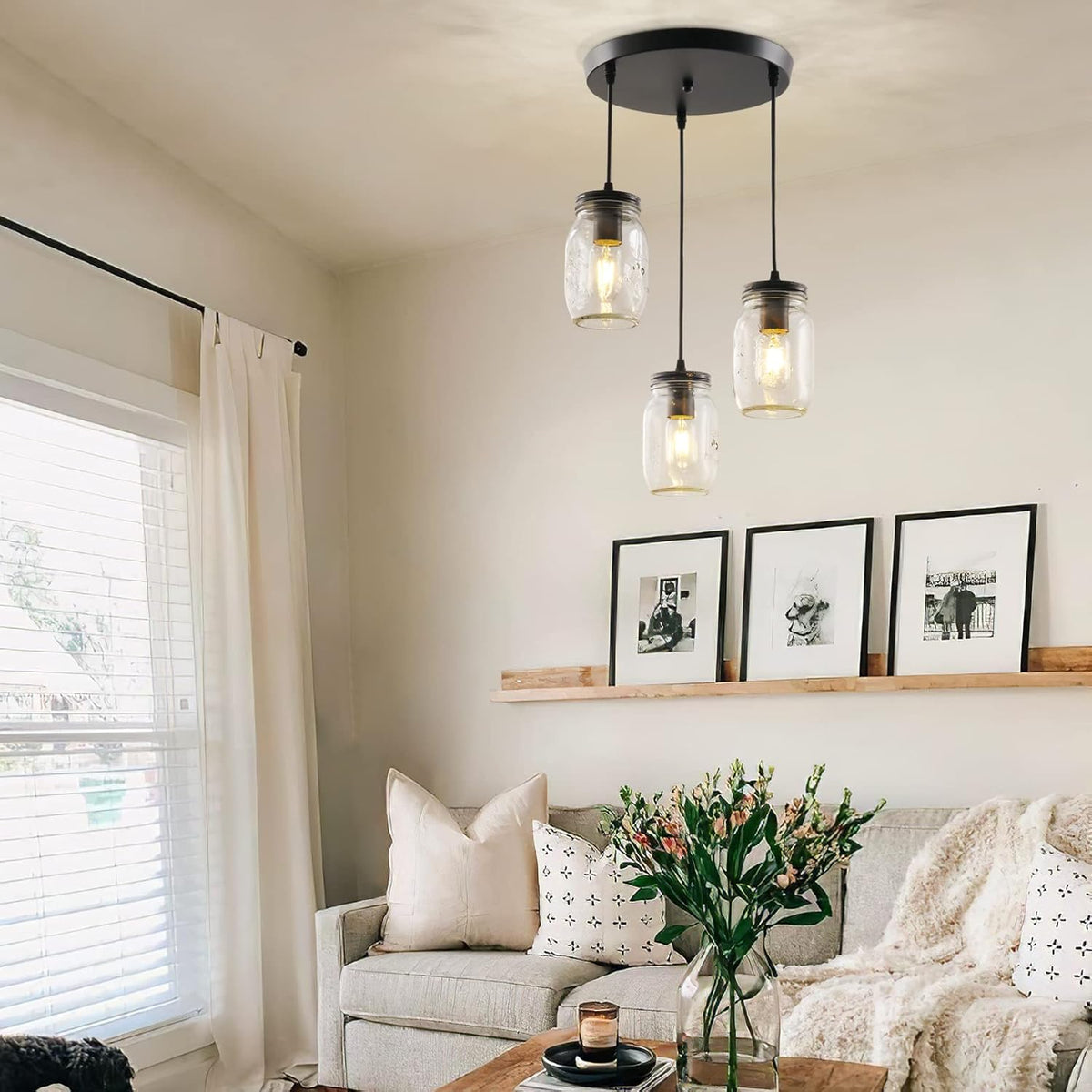 Mason Jar Light Fixtures, 3 Lights Farmhouse Mason Jar Pendant Light, Glass Jar Chandelier Country
