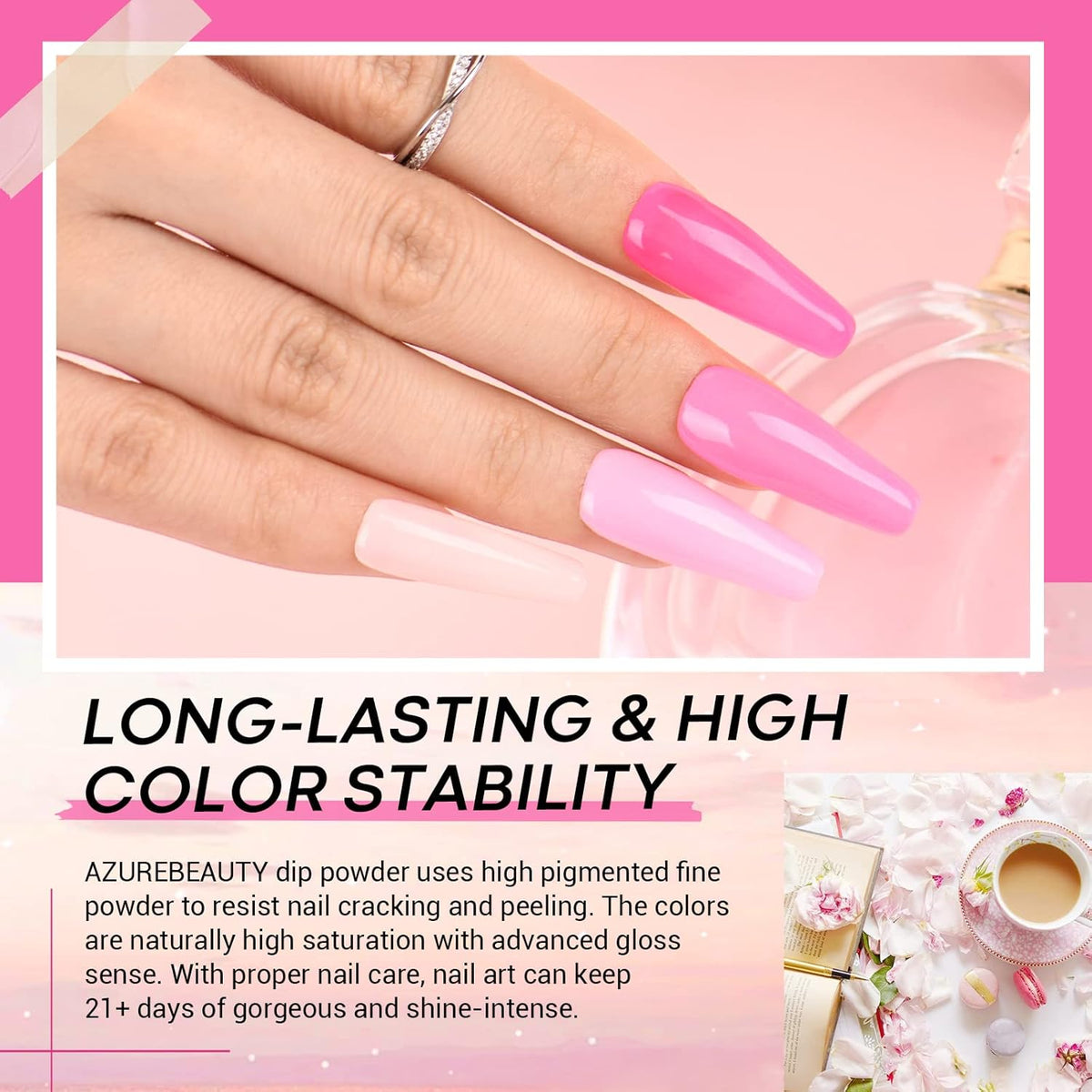 AZUREBEAUTY Pink Dip Powder Nail Set, 6 Colors Light Hot Pink Cherry Blossom Shades Dipping Powder