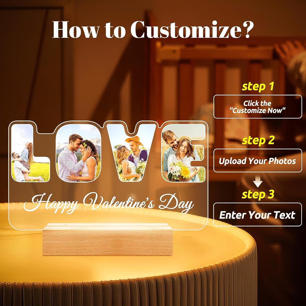 Custom Picture Frames with Photo, Personalized LOVE Photo Frame with Night Light, Customized
