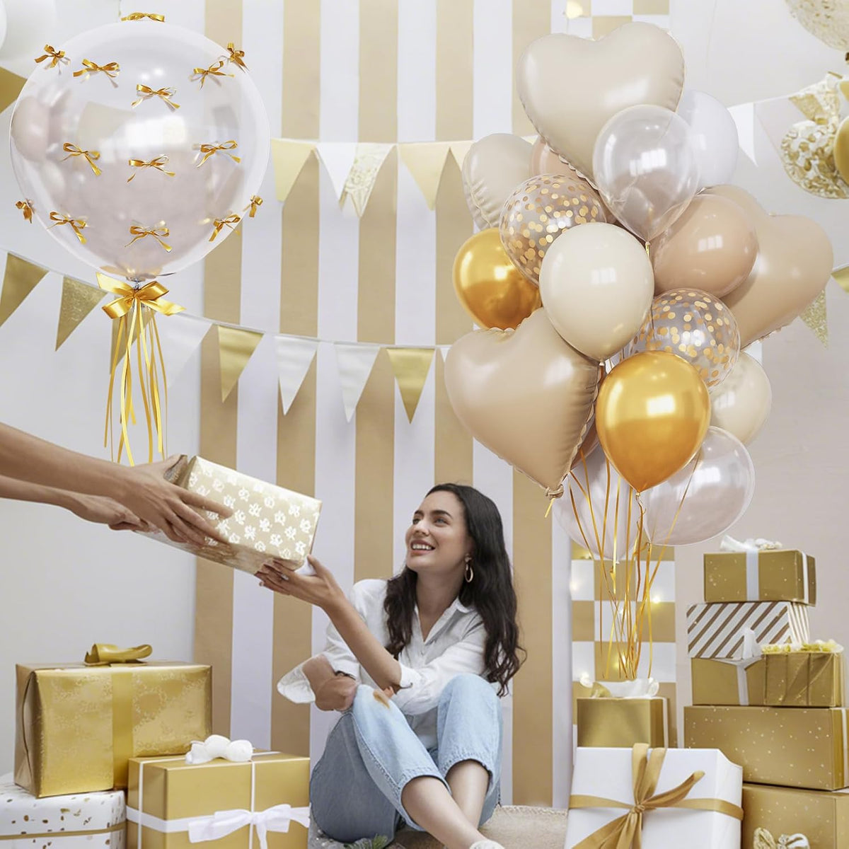 Sand White and Gold Balloons Beige Heart Balloon as Engagement Party Decorations, Metallic Gold and