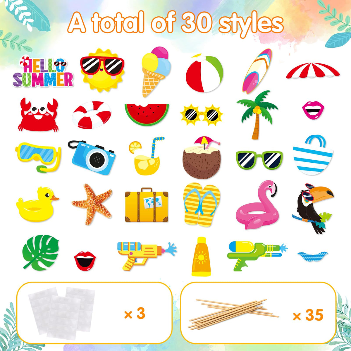 Summer Pool Beach Photo Booth Props 30 Pack Pool, Hawaiian, Beach, Luau Photo Booth Props, Tropical
