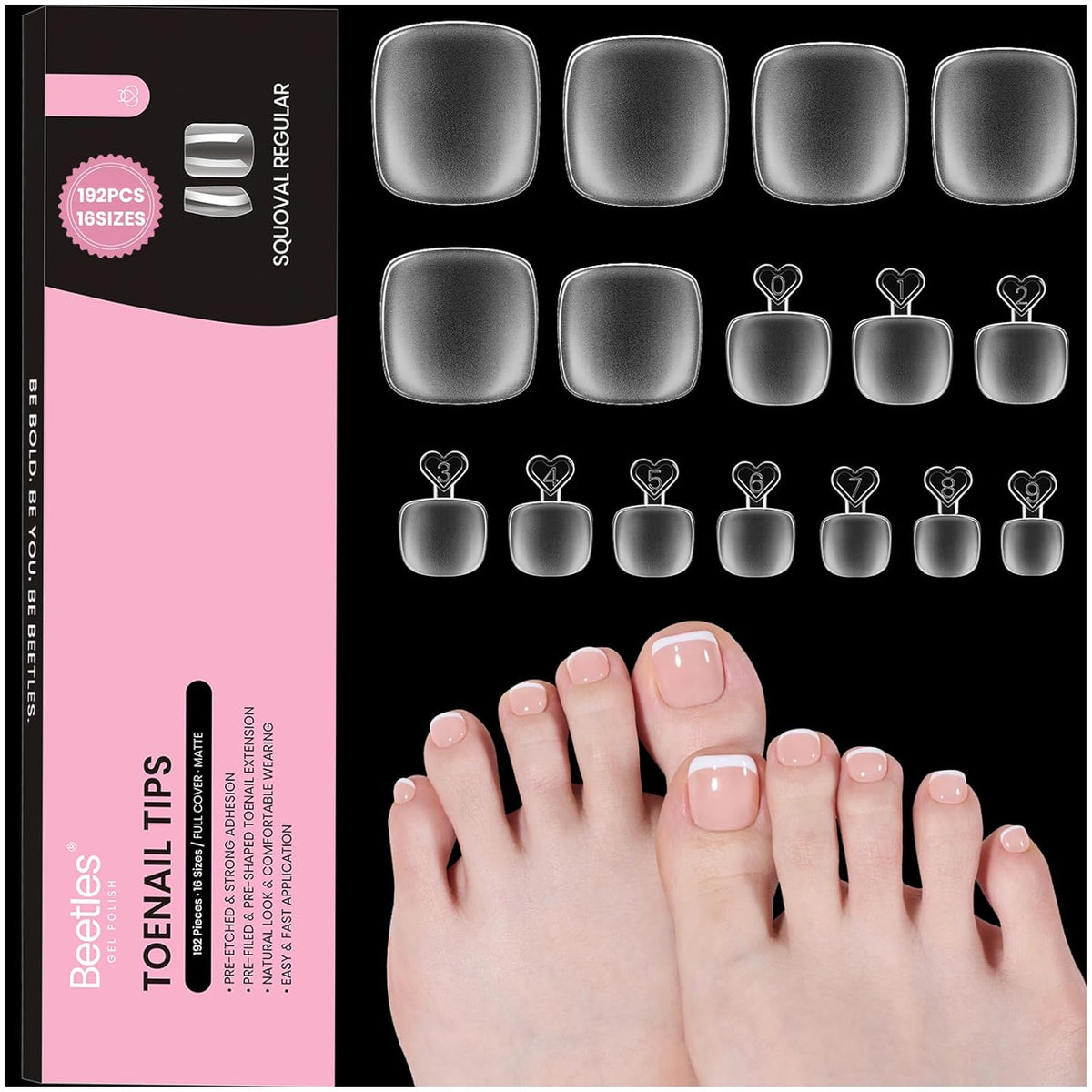 Beetles Toe Nail Tips Square - 16 Sizes 192 Pcs Full Cover Nail Tips Fake Acrylic Toe Nail