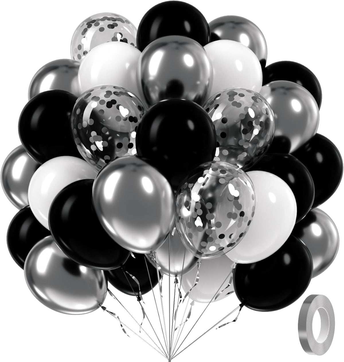60pcs Black and Silver Balloons 12inch, Black and White Balloons with Metallic Silver Confetti