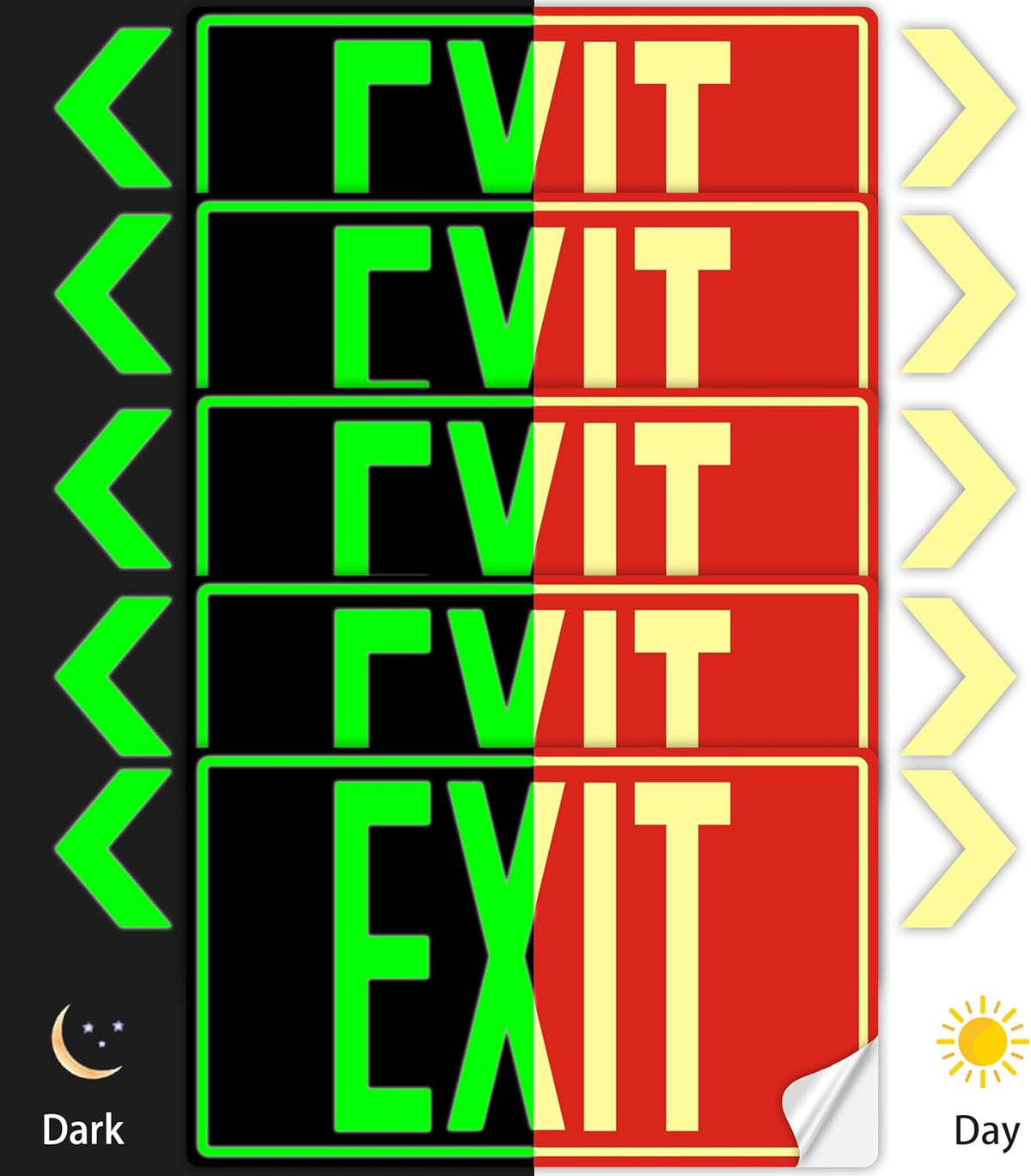 5Pack Photoluminescent Exit Sign, 12"x 7" Glow In The Dark Exit signs with Self-Adhesive Backing