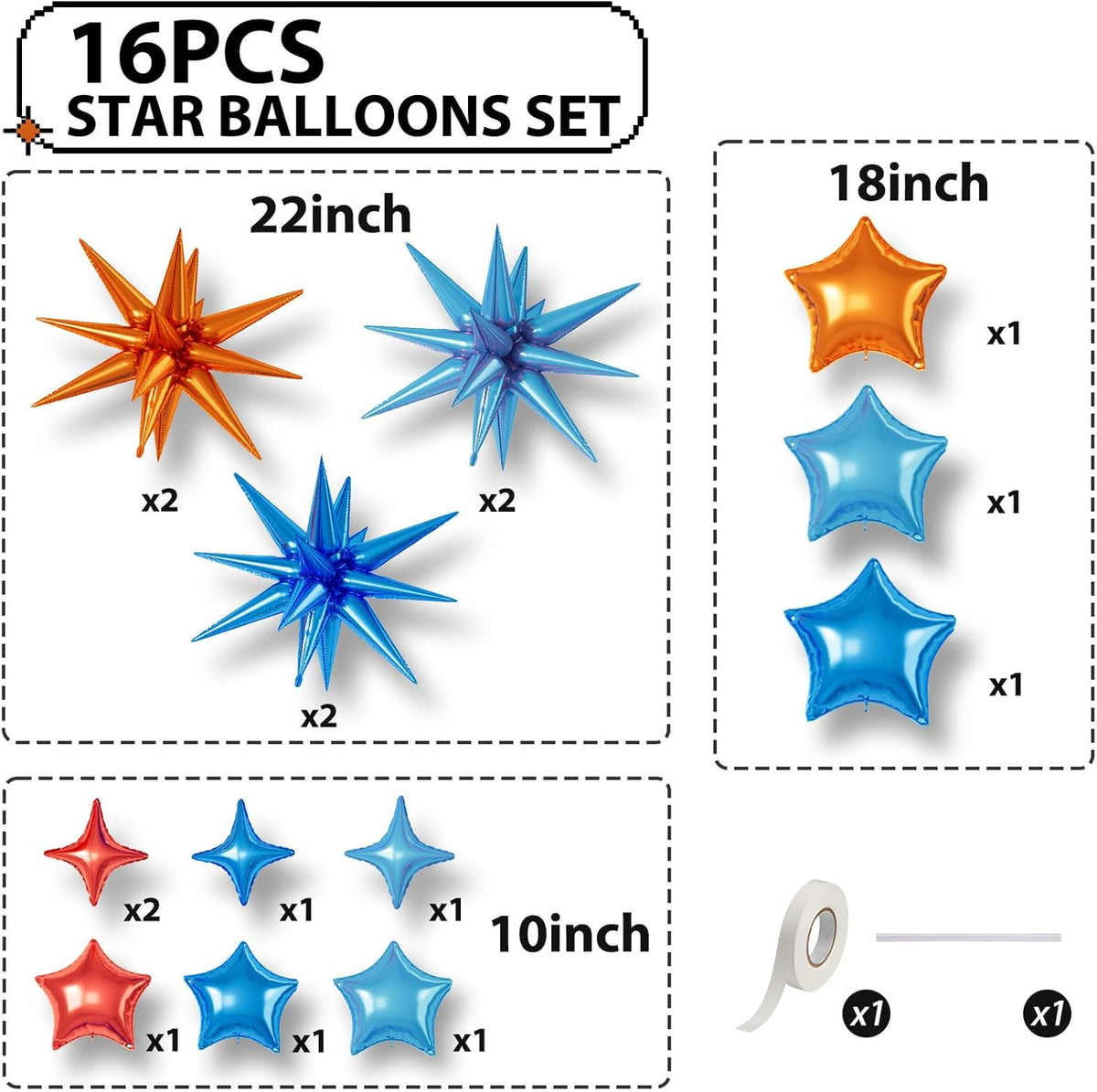 16 Pcs Orange and Blue Star Balloons, 22/18/10 Inch Foil Balloons, Four-Pointed Balloon for Kids