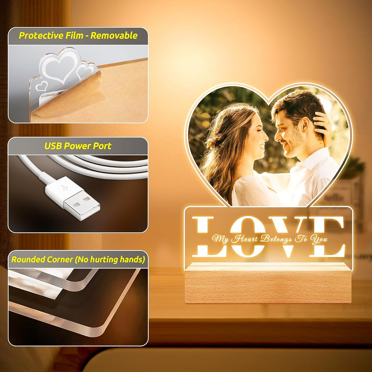 Custom Picture Frames with Photo, Personalized Photo Frame with Night Light, Customized Picture