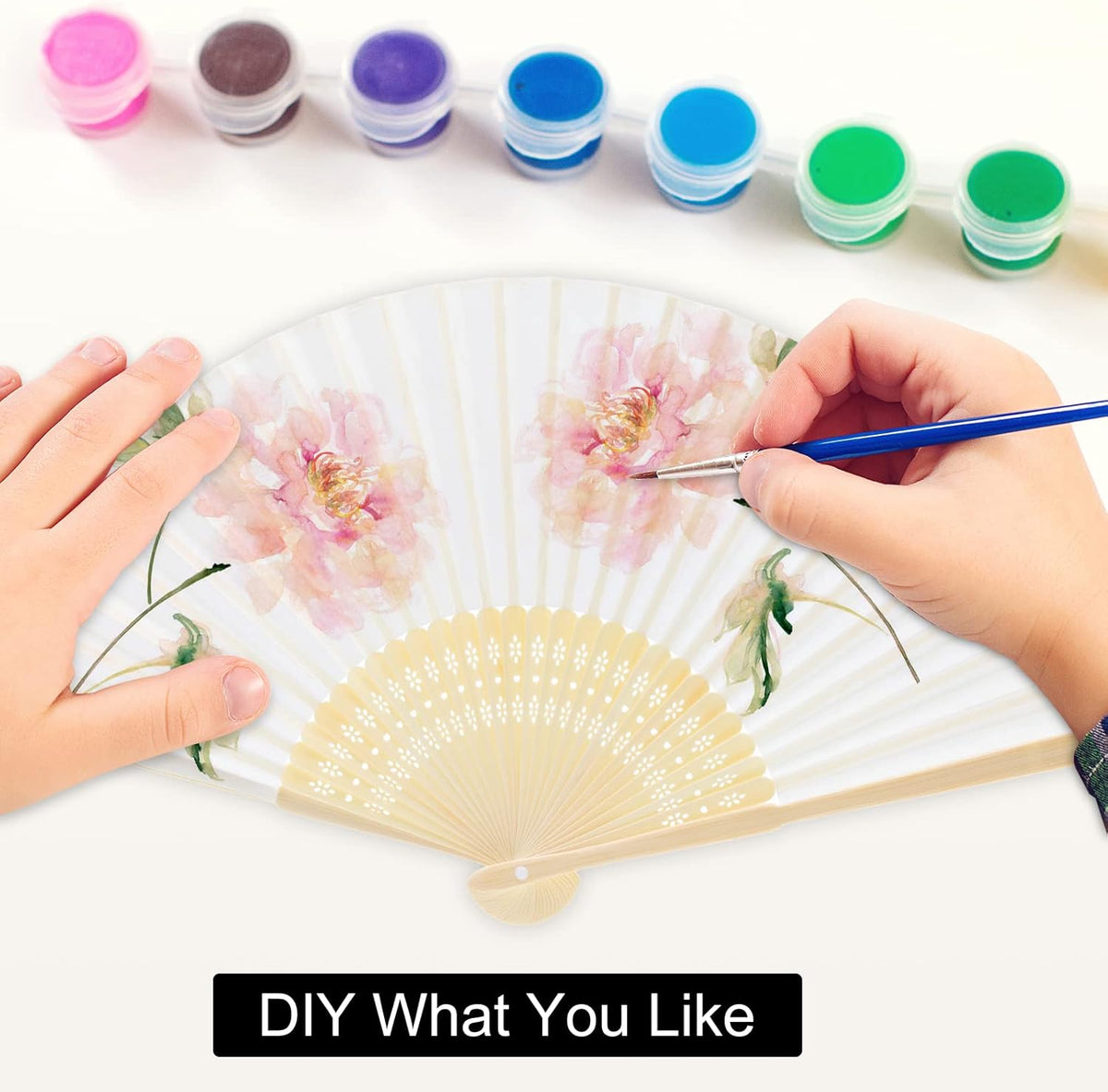 FEPITO 55 Pieces White Handheld Paper Fan Paper Folding Fans with Bamboos for Wedding Gift, Party