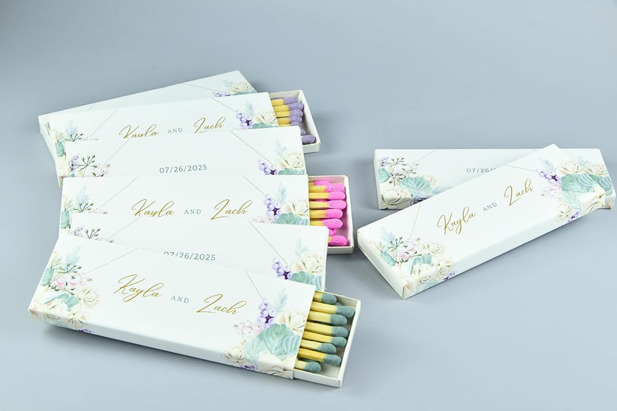 10 Boxes - Customized Matchboxes Colorful Tips (Wedding Design #5, 4" Matchboxes) (4" Matchsticks