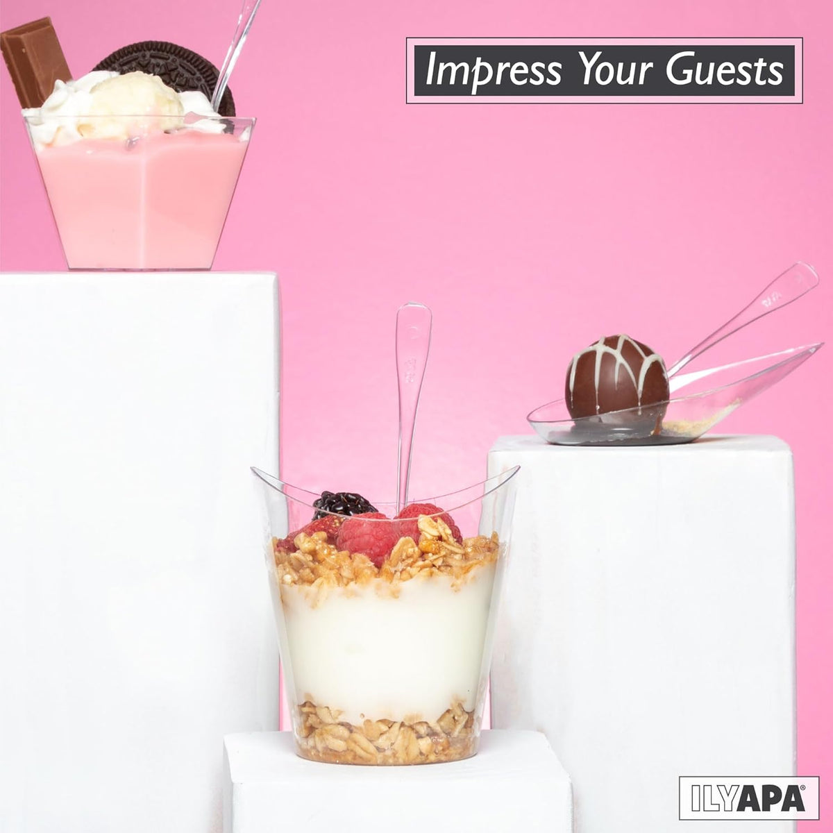 Ilyapa 4oz Plastic Dessert Cups - 100 Pack Mini Dessert Cups with Spoons - Clear Reusable Small