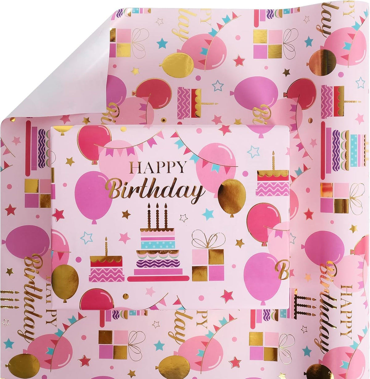 Aimyoo Pink Birthday Wrapping Paper Roll - 17 Inch X 16.4 Feet - Gold Foil Celebration Cake